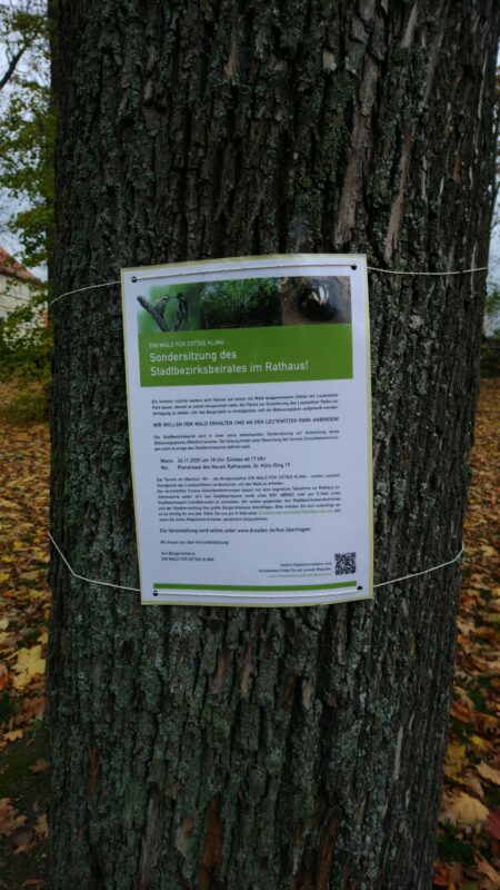 Die BI weist auf die öffentliche Sitzung im Stadtbezirksbeirat mit Aushängen hin (sehr baumschonend :-))