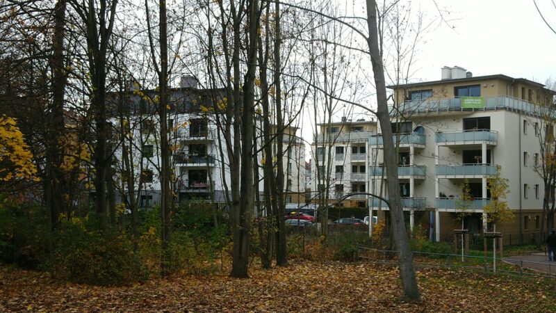 Der Wald auf der Seite der aktuellen Bebauung. Anwohner zeigen das Banner der BI.