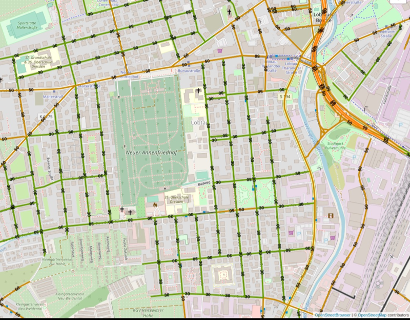 Openstreetmap Karte mit eingezeichneten maximalen Geschwindigkeiten. Grün 30 km/h, orange 50 km/h.