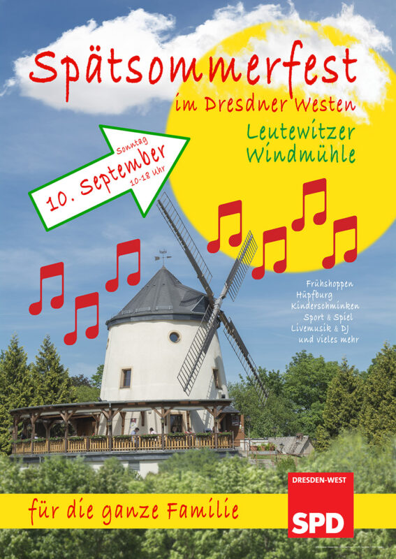 Ankündigungsplakat mit einer Steinwindmühle, blauem Himmel und weißen Wolken. Beschriftung "Spätsommerfest im Dresdner Westen, Leutewitzer Windmühle, Sonntag, 10. September 2023 10 bis 18 Uhr".