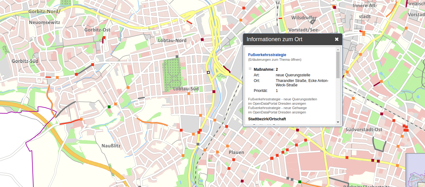 Screenshot aus dem Themenstadtplan Dresden zum Thema Fußverkehrsstrategie. Auf der Karte sind kleine , rote Punkte eingezeichnet. Es ist ein Punkt ausgewählt, auf dem Popup stehen Details zur Maßnahme.