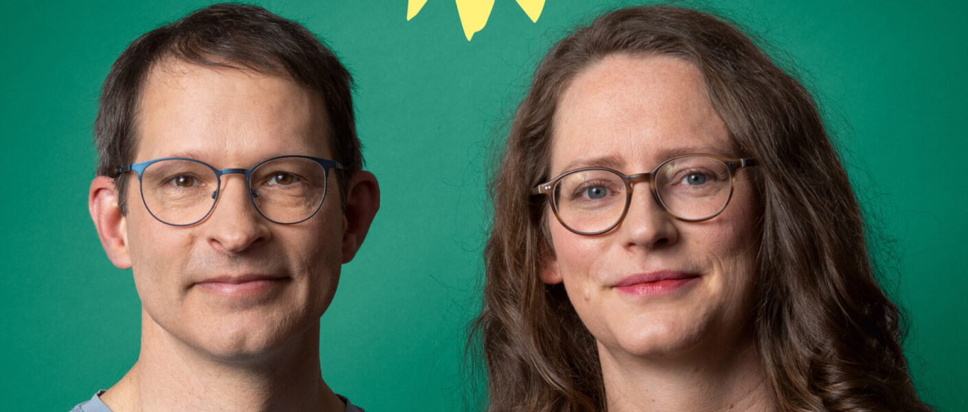 Wahlplakat mit zwei Menschen. Links Alexander Bigga, rechts Susanne Krause. Darüber eine halbe, gelbe Sonnenblume vor dunkelgrünem Hintergrund. Slogan: Gutes Klima im Stadtteil.