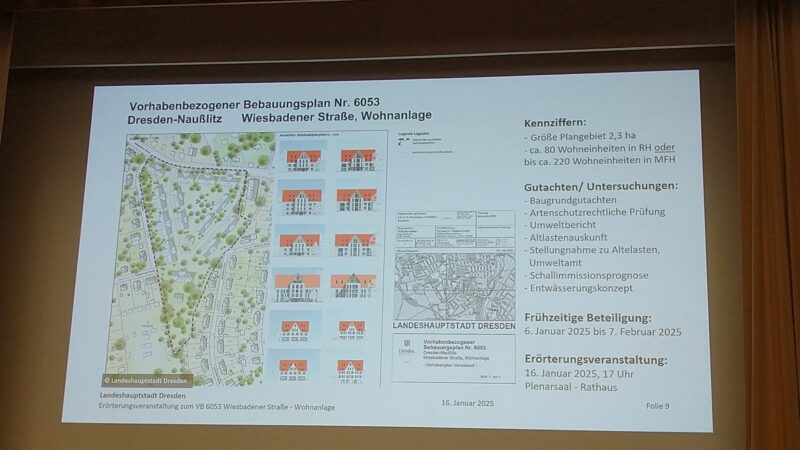 Foto der Präsentation im Rathaus. Gezeigt wird links der grobe Lageplan, Front-Ansichten von Häusern mit rotem Giebel-Dach.