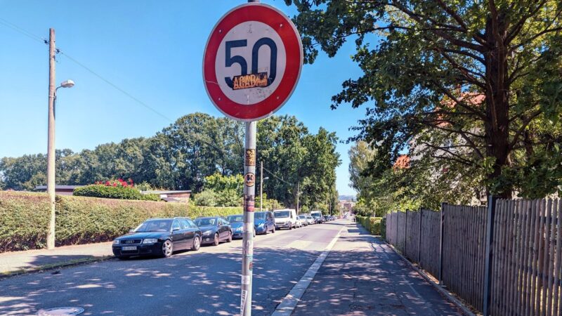 Eine Straße bergab fotografiert. Links paren Autos, rechts ein breiter Fußweg, der kaum von der Straße unterscheidbar ist. In Bildmitte ein Tempo-50 Schild ohne Zusatz am dünnen Metall-Mast
