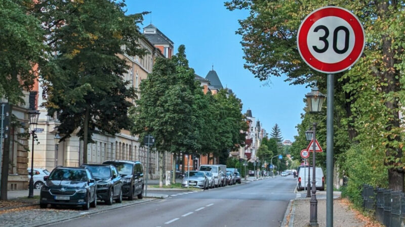 Im Vordergrund, rechts ein Tempo 30 Schild. In der Mitte eine leere Straße. Links und rechts sind Parkstreifen und Baumstreifen.