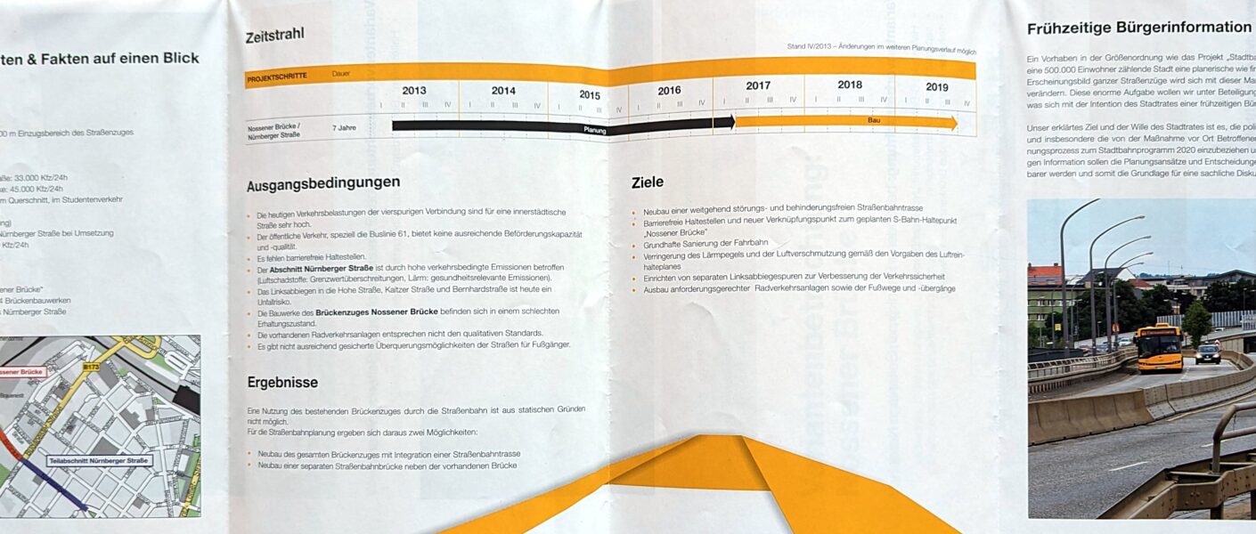 Ein vierteiliges Faltblatt. Im Zentrum steht ein Zeitstrahl. Baubeginn wäre demnach 2017, Fertigstellung 2019