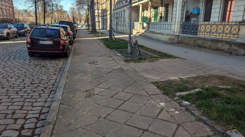 Rechts Häuser mit Säulen vor dem Eingang, davor ein Fußweg, dann ein Baumstreifen, wieder ein Fußweg und die Fahrbahn mit parkenden Autos. An den kleinen Bäumen sind zwei Fahrräder angeschlossen.