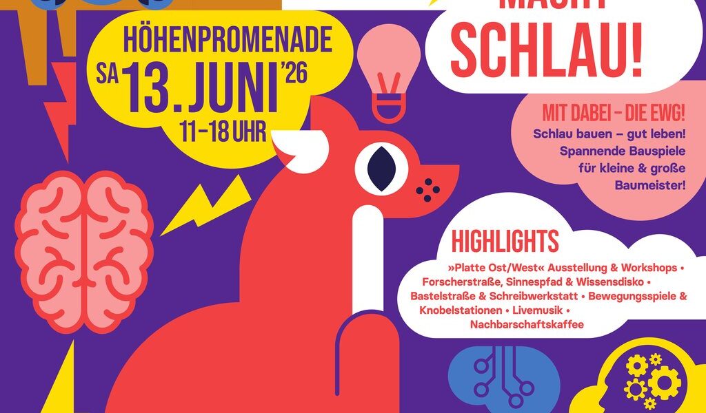 Buntes Plakat mit Schrift "Westhangfest" "Goribtz macht schlau" "Köhenpromenade Sa, 13. Juni 26 11-18 Uhr" "Kostenlos Mittendrin Für Alle"