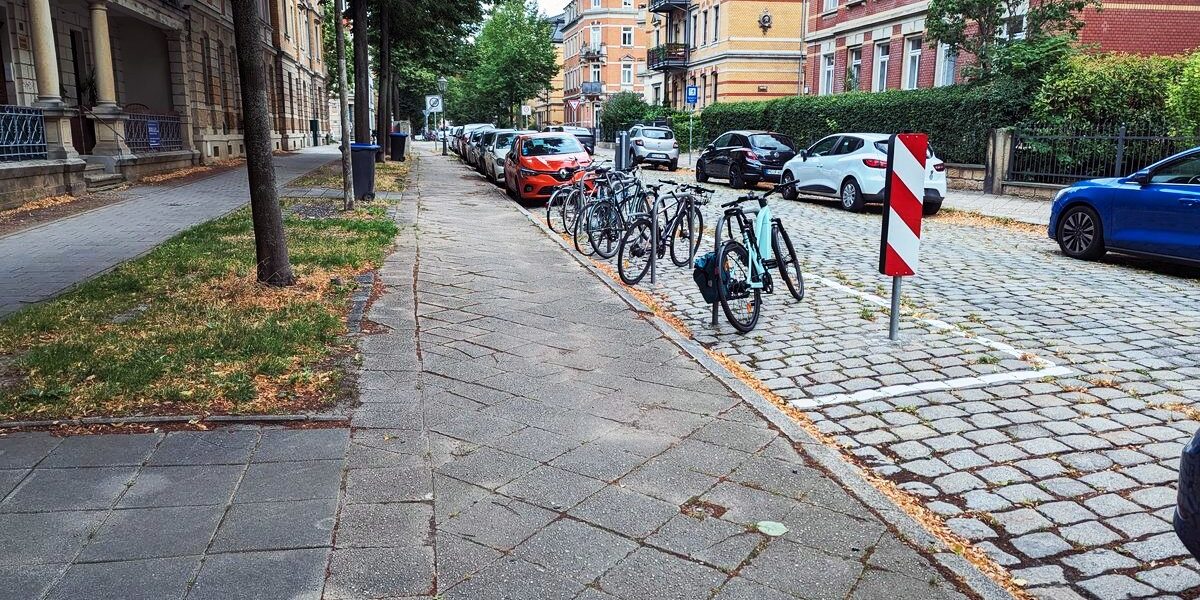Vier Fahrradbügel auf der Fahrbahn. Alle Bügel sind besetzt mit 1-2 Fahrrädern. Warnbarken und eine weiße Bodenmarkierung kennzeichnen den Parkplatz.
