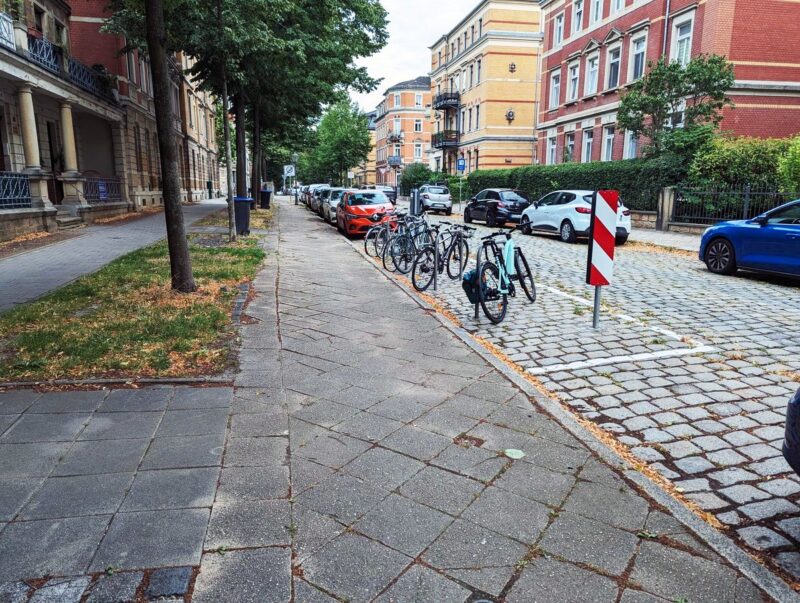 Vier Fahrradbügel auf der Fahrbahn. Alle Bügel sind besetzt mit 1-2 Fahrrädern. Warnbarken und eine weiße Bodenmarkierung kennzeichnen den Parkplatz.